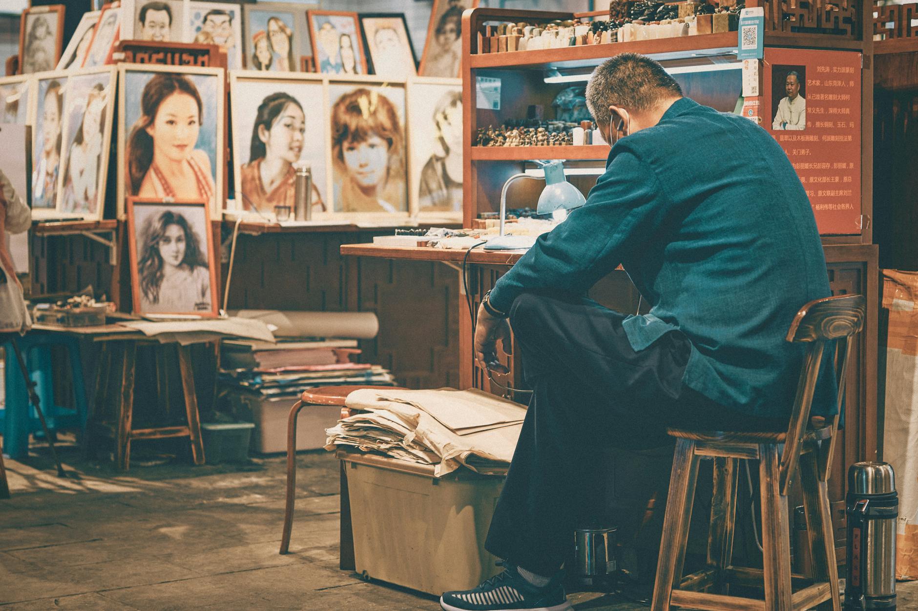 Artysta w pekinskim studio rysuje portrety przy skupionym świetle
